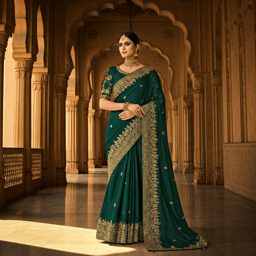 Emerald green embroidered silk saree — The Festive Collection